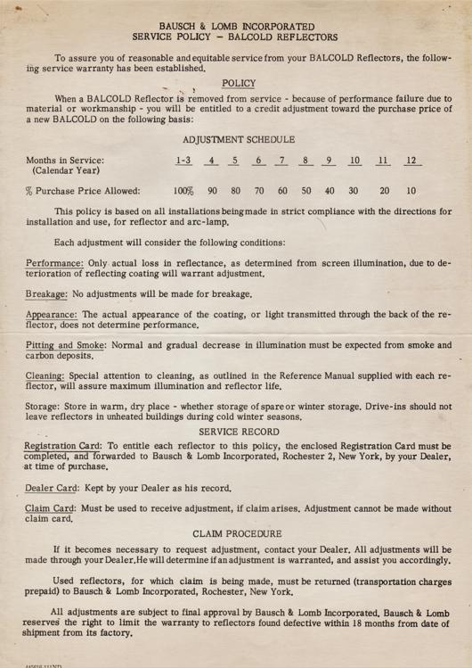 A preview of the Bausch & Lomb Incorporated - Service Policy - Balcold Reflectors document.