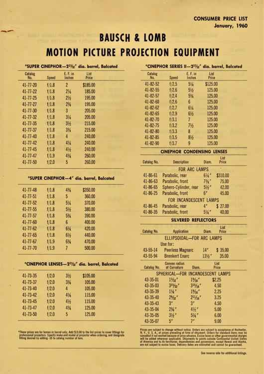 A preview of the Bausch & Lomb Motion Picture Projection Equipment - Consumer Price List document.