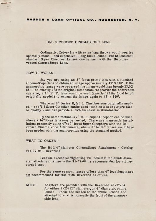 A preview of the Bausch & Lomb - Reversed CinemaScope Lens document.