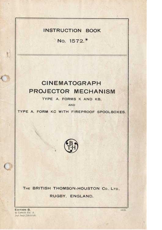 A preview of the BT-H Cinematograph Projector Mechanism - Type A, Forms K and KB, and Type A, Form KC With Fireproof Spoolboxes document.