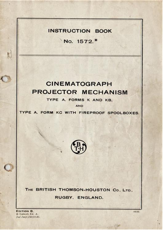 A preview of the BT-H - Cinematograph Projector Mechanism Type A. Forms K and KB and Type A. Form KC With Fireproof Spoolboxes document.