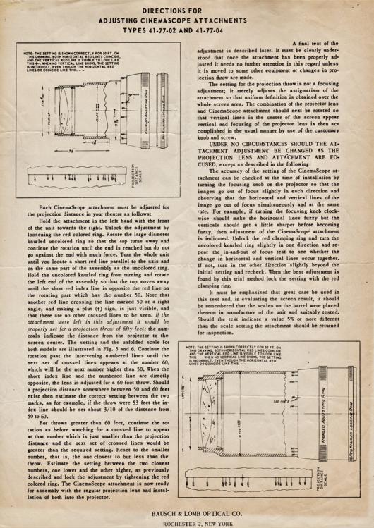 A preview of the Directions For Adjusting CinemaScope Attachments - Types 41-77-02 and 41-77-04 document.
