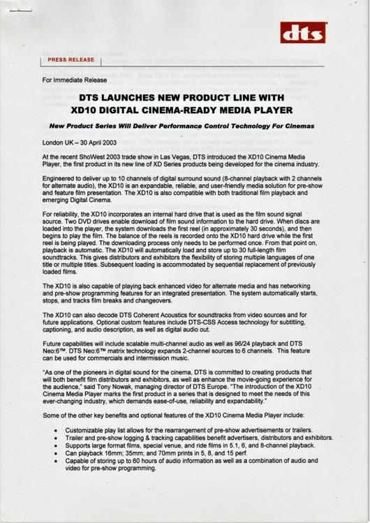 A preview of the DTS Launches New Product Line With XD10 Digital Cinema-Ready Media Player document.