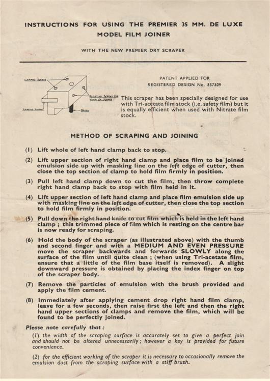 A preview of the Instructions for Using the Premier 35 mm. De Luxe Model Film Joiner document.