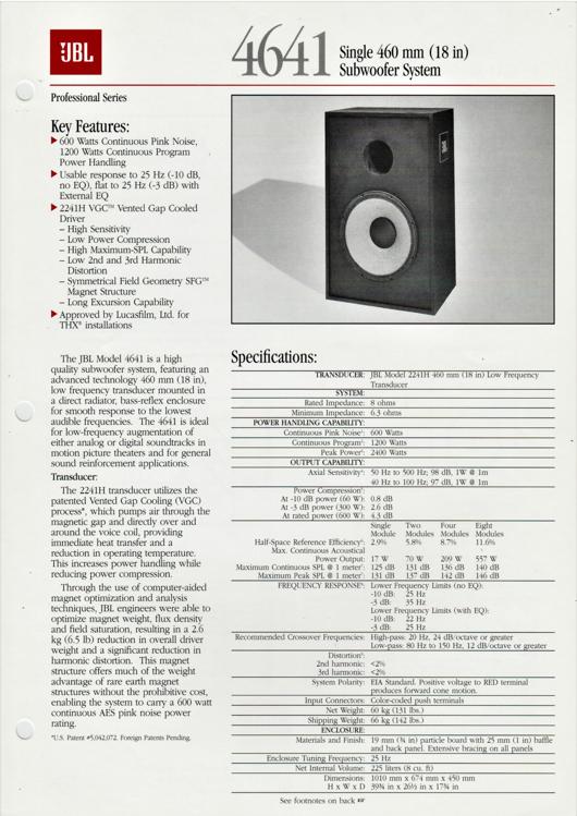 A preview of the JBL 4641 Single 460 mm (18 in) Subwooder System document.
