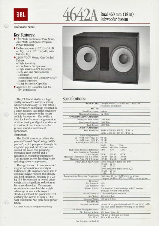 A preview of the JBL 4642A Dual 460 mm (18 in) Subwoofer System document.