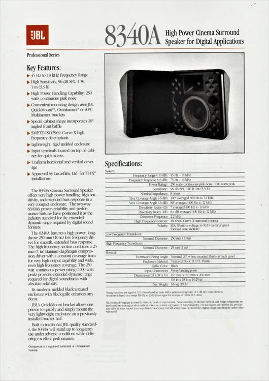 A preview of the JBL 8340A High Power Cinema Surround Speaker for Digital Applications document.