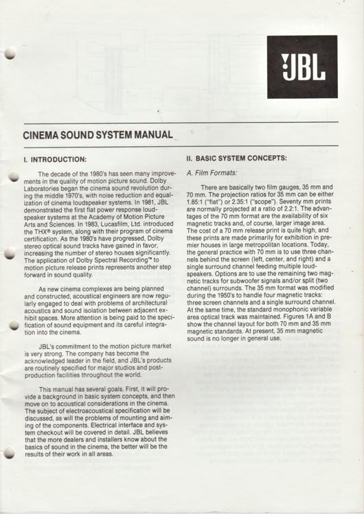A preview of the JBL Cinema Sound System Manual document.