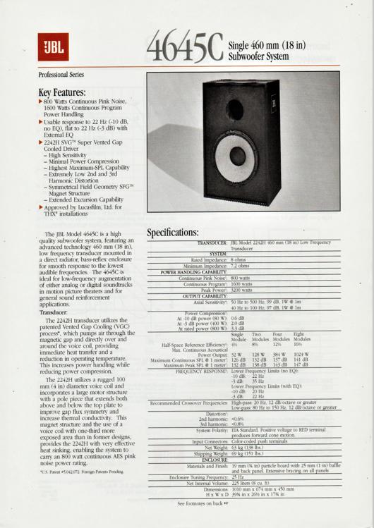 A preview of the JBP 4645C Single 460mm (18 in) Subwoofer System document.