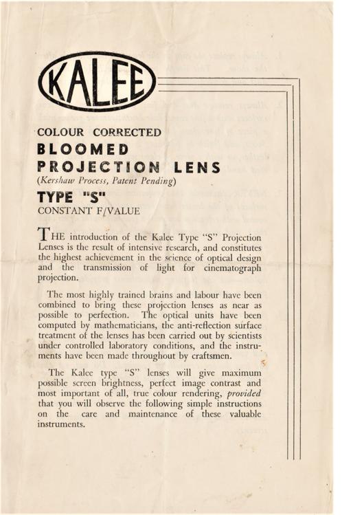 A preview of the Kalee Colour Corrected Bloomed Projection Lens Type "S" document.