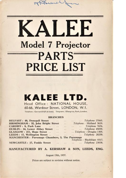 A preview of the Kalee Model 7 Projector Parts Price List document.