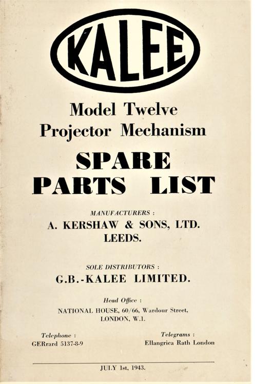 A preview of the Kalee Model Twelve Projector Mechanism - Spare Parts List document.