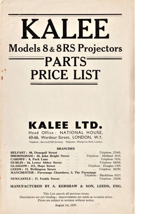 A preview of the Kalee Models 8 & 8RS Projectors - Parts Price List document.
