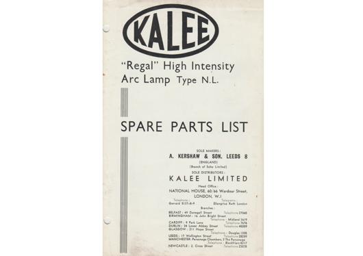 A preview of the Kalee "Regal" High Intensity Arc Lamp Type N.L. - Spare Parts List document.