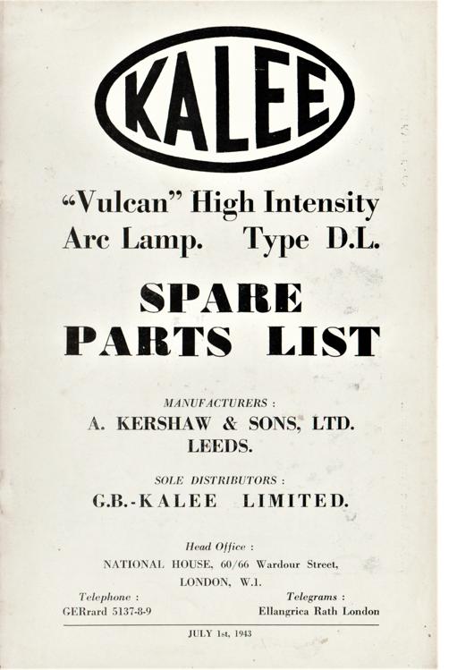 A preview of the Kalee "Vulcan" High Intensity Arc Lamp. Type D.L. - Spare Parts List document.