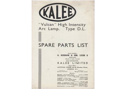 A preview of the Kalee "Vulcan" High Intensity Arc Lamp. Type D.L. - Spare Parts List document.
