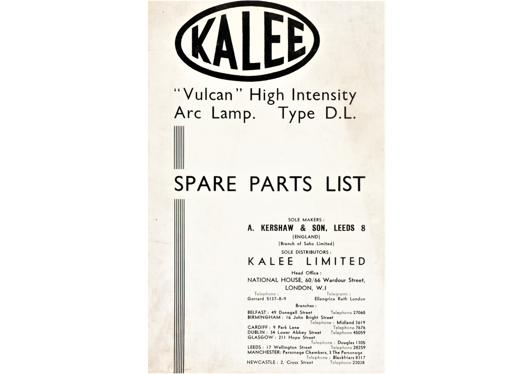 A preview of the Kalee "Vulcan" High Intensity Arc Lamp. Type D.L. - Spare Parts List document.