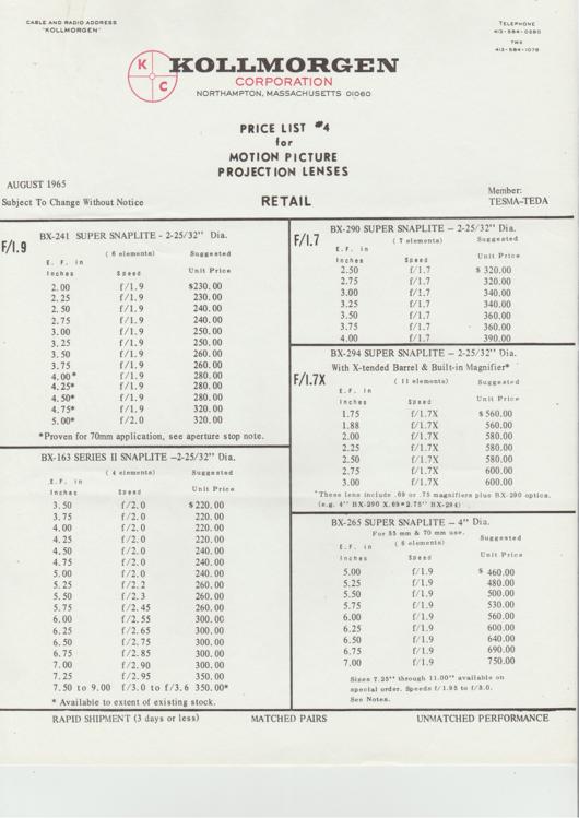 A preview of the Killmorgen - Price List #4 for Motion Picture Projection Lenses document.