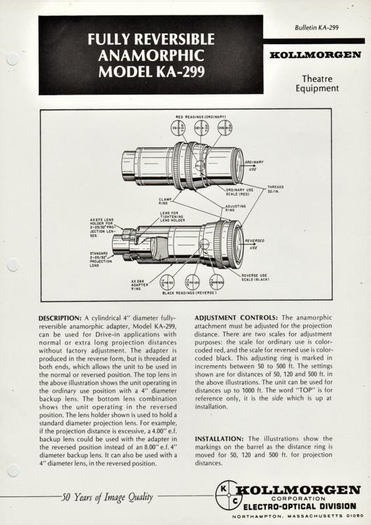 A preview of the Kollmorgen - Fully Reversible Anamorphic Model KA-299 document.