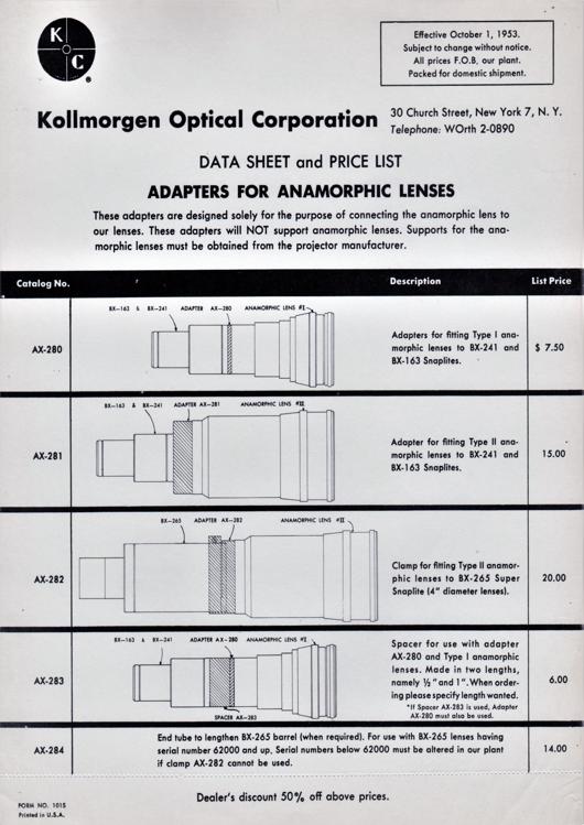 A preview of the Kollmorgen Optical Corporation - Data Sheet and Price List - Adapters for Anamorphic Lenses document.
