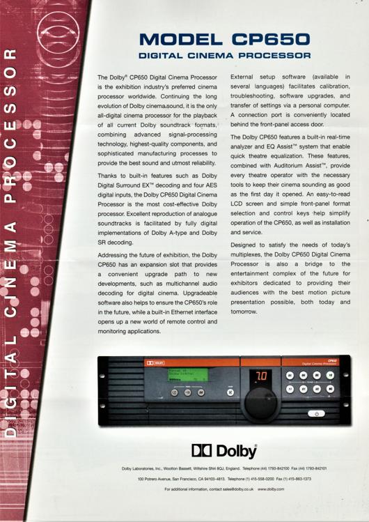 A preview of the Model CP650 Digital Cinema Processor document.