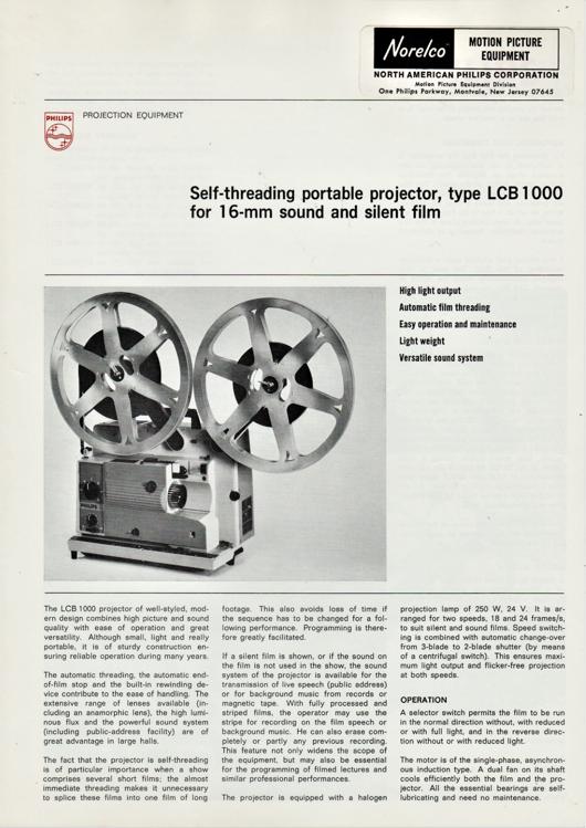 A preview of the Norelco - Self-threading portable projector, type LCB 1000 for 16-mm sound and silent film document.