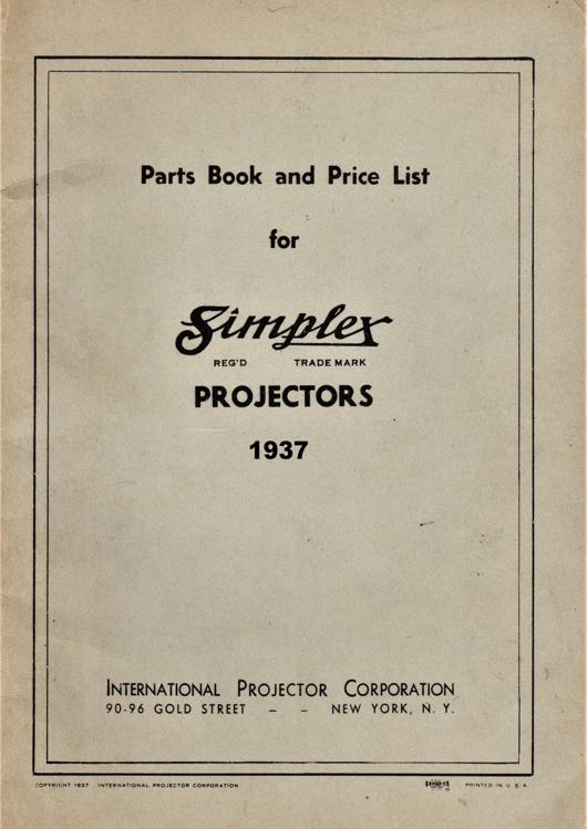 A preview of the Parts Book and Price List for Simplex Projectors, 1937 document.