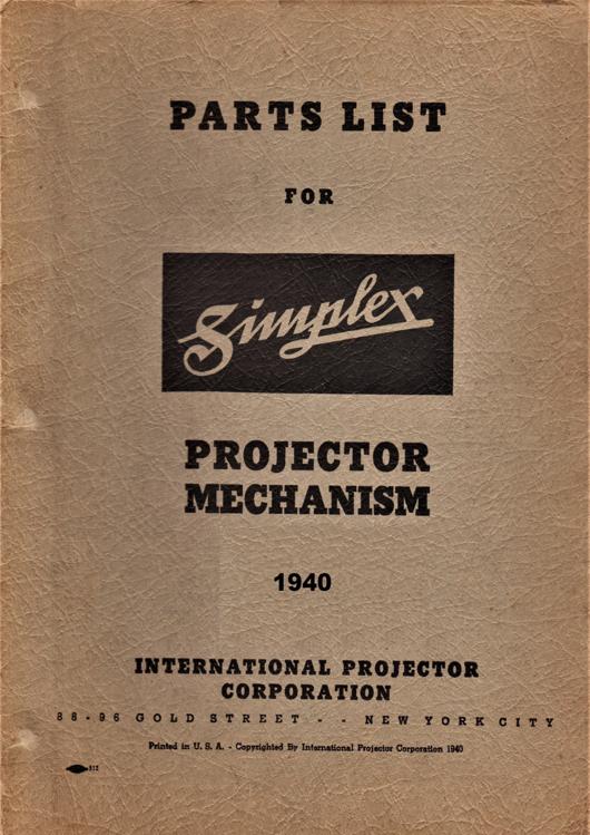 A preview of the Parts List for Simplex Projector Mechanism - 1940 document.