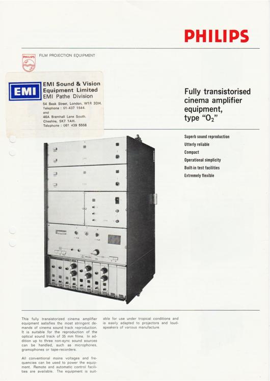 A preview of the Philips Fully transistorised cinema amplifier equipment, type "O2" document.