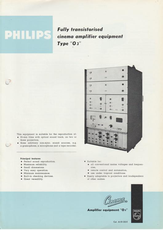 A preview of the Philips Fully transistorised cinema amplifier equipment - Type "O3" document.