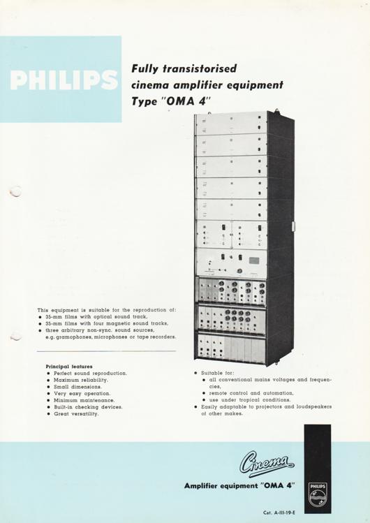 A preview of the Philips Fully transistorised cinema amplifier equipment - Type "OMA 4" document.