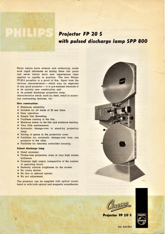 A preview of the Philips Projector FP 20 S with pulsed discharge lamp SPP 800 document.