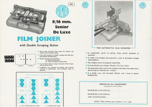 A preview of the Premier 8/16 mm. Senior De Luxe Film Joiner document.