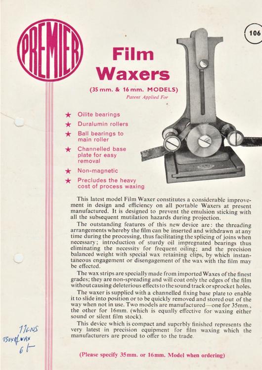 A preview of the Premier Film Waxers and Film Measurers document.