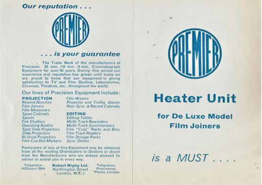 A preview of the Premier Heater Unit for De Luxe Model Film Joiners document.