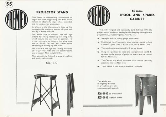 A preview of the Premier Projector Stand and 16mm Spool And Spares Cabinet document.
