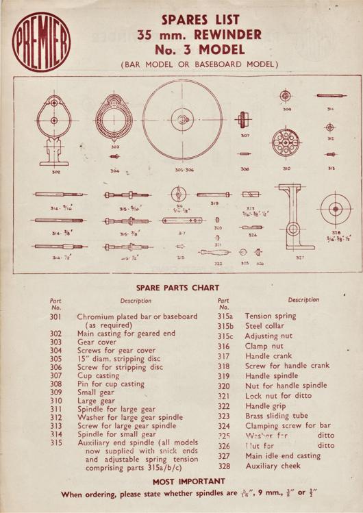 A preview of the Premier Spares List - 35 mm. Rewinder No. 3 Model document.