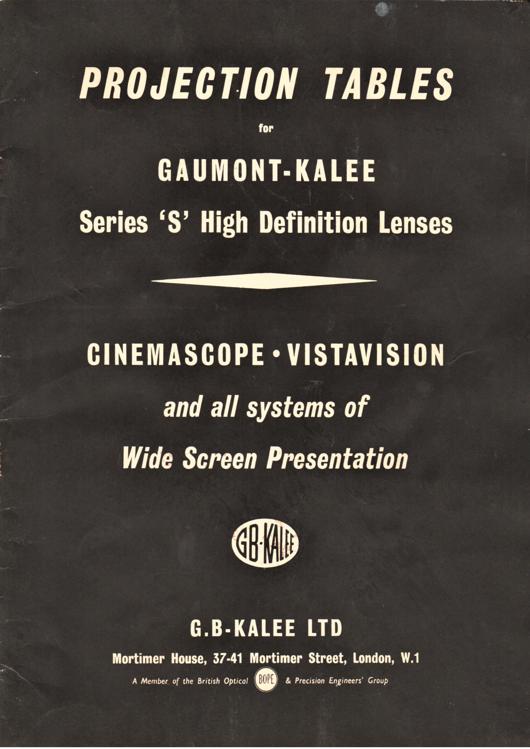 A preview of the Projection Tables for Gaumont-Kalee Series 'S' High Definition Lenses document.