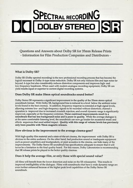 A preview of the Questions and Answers about Dolby SR for 35mm Release Prints document.