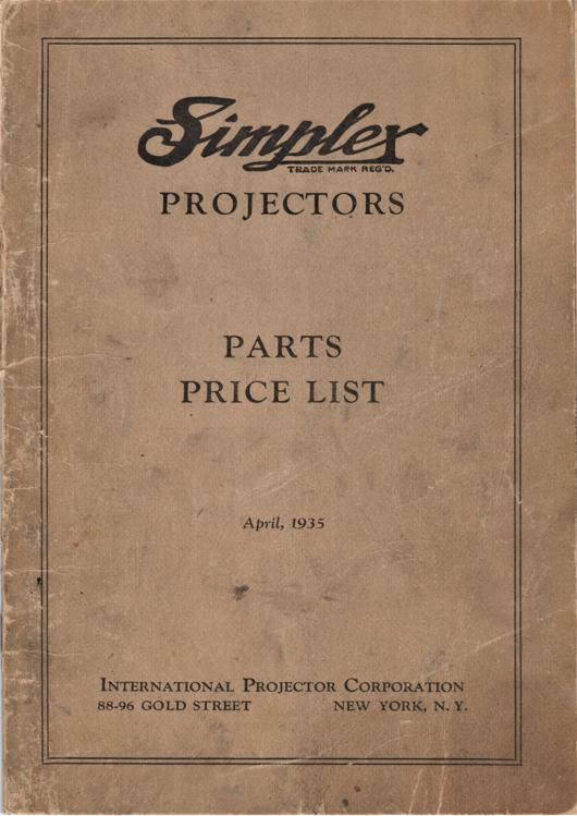 A preview of the Simplex Projectors - Parts Price List - April 1935 document.