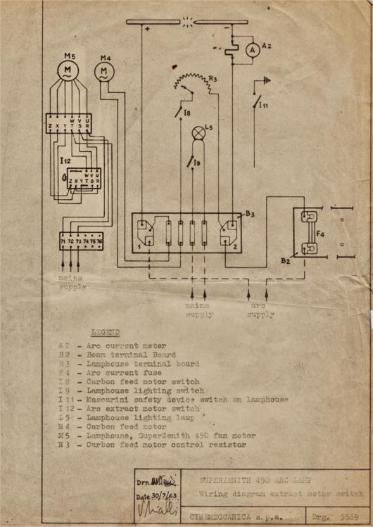 A preview of the Superzenith 450 Arc Lamp - Wiring diagram extract motor switch document.
