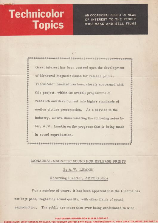 A preview of the Technicolor Topics - Monaural Magnetic Sound for Release Prints document.