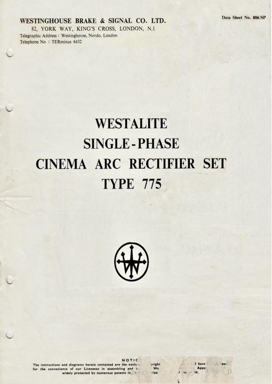 A preview of the Westalite Single-Phase Cinema Arc Rectifier Set Type 775 document.