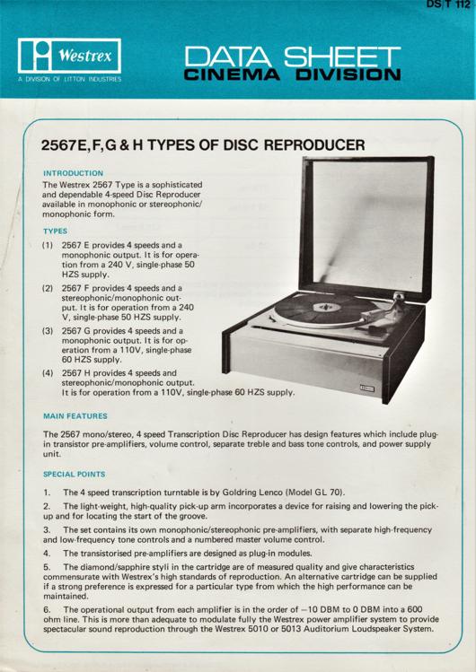 A preview of the Westrex 2567 E, F, G & H Types Of Disc Reproducer document.