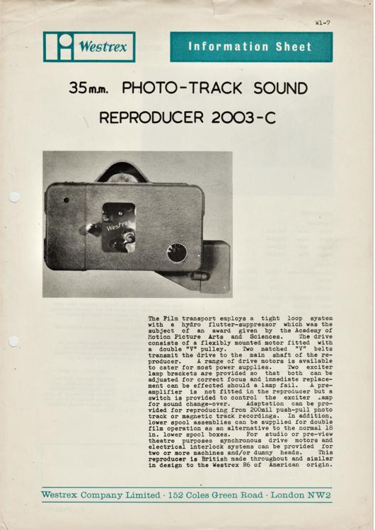 A preview of the Westrex 35mm. Photo-Track Sound Reproducer 2003-C document.