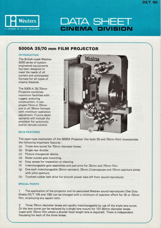 A preview of the Westrex 5000A 35/70mm Film Projector Data Sheet document.