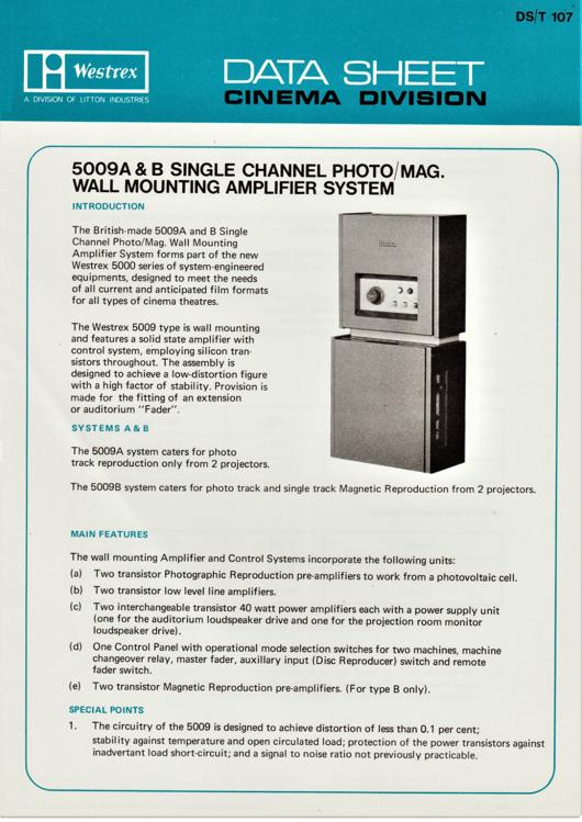 A preview of the Westrex 5009A & B Single Channel Photo/Mag. Wall Mounting Amplifier System document.