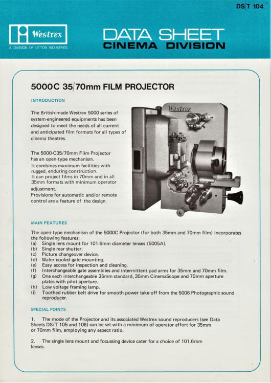 A preview of the Westrex Data Sheet - 5000C 35/70mm Film Projector document.