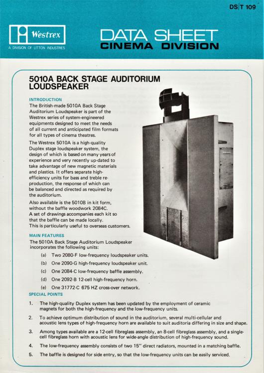 A preview of the Westrex Data Sheet - 5010A Back Stage Auditorium Loudspeaker document.