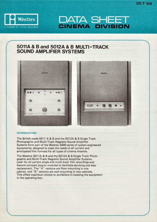 A preview of the Westrex Data Sheet - 5011A & B 5012A & B Multi-Track Sound Amplifier Systems document.